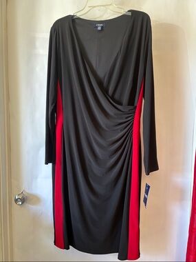 Chaps Black with Red Side Panels Faux-Wrap Long Sleeve Dress